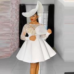 White Short Cocktail Dresses With Sheer Neck Beads Appliques Long Sleeves Mini Prom Dress Formal Party Aso Ebi Vestidos