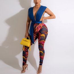 2 Piece Set Women Matching Sets Sexy Pants Printed Blouse & Long Trousers Skinny Bodycon Evening Night Party Club Sets Clothes 220511