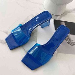 Summer Slippers Women Blue Green Pvc Transparent Shoes Mules Slides Fashion Open Toe Clear Heels Beach Jelly Sandals Size 35 40 220530