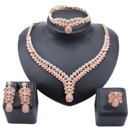 Women Gold Colour Necklace Earrings Bracelet Ring Dubai African Indian Bridal Wedding Party Gift Crystal Jewellery Sets