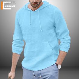 Men's Hoodies Autumn Hooded Solid Cotton Linen Long Sleeve Sweatshirt Men Tops Casual Loose Breathable Sports Male Sweatshirts L220730