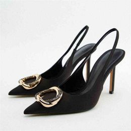 Sandals Spring New High Heels Shoes Woman 2022 Black Be Gold Decoration Slingback Pumps 220411
