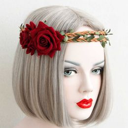 Retro Style Roses & Rattan Garland Headband Vintage Roses Fascinators Holiday Seaside Personality Headdress Wedding Photo Accessories