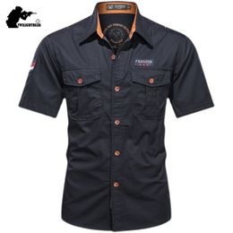 Mens Casual Shirts Short Sleeve Pure Cotton Male Solid Oversize Military Cargo Men Clothing AF168 220527