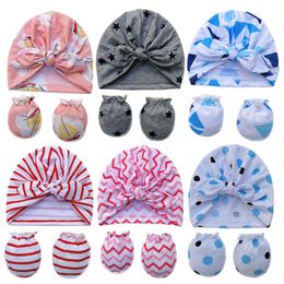 Baby Indian Caps Gloves Set Newborn Rabbit Ear Knotted Hat Mittens Girls Turban Soft Cotton Head Wraps Kids Bonnet Beanie Photography Props Hair Accessories B8104