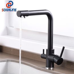 SOGNARE Kitchen Faucet Black 3 Way Water Philtre Tap 360 Degree Rotation Water Tap Kitchen Crane Brass Kitchen Mixer Sink Faucet T200424