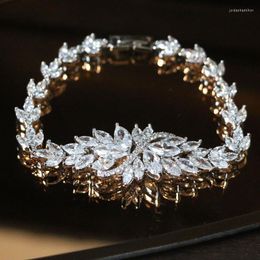 Luxury Cubic Zirconia Bracelet Wedding Bridal Bracelets And Bangles Leaves Trendy Women Hand Chain Acecessories Link