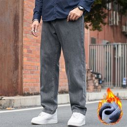 Büyük boy denim kot erkek artı kadife kalın gevşek düz sonbahar kış geniş sıcak pantolon örtü pantolon 220328