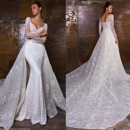 Elegant Wedding Mermaid Dress With Detachable Train Lace Sweetheart Neckline Full Sleeves Long Plus Sizes Bride Gown