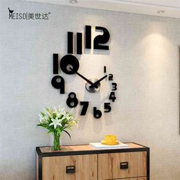 Creative Numbers DIY Wall Clock Watch Modern Design Wall Watch for Living Room Home Decor Acrylic Clock Wall Mirror Stickers 210325