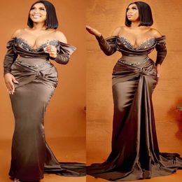 2022 Plus Size Arabic Aso Ebi Chocolate Mermaid Sexy Prom Dresses Beaded Crystals Evening Formal Party Second Reception Birthday Engagmement Gowns Dress ZJ202