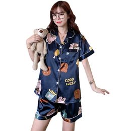 Women Sleepwear Summer Pyjamas Fake Silk Print Sweet Set Girl Nightgown Short Pant Cute Sets 220329