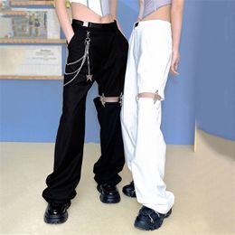 Fashion High Waist Wide Leg Pants Street Harajuku Black Trouser Plus Size Casual Loose Pant (with Belt and Chain) 220325