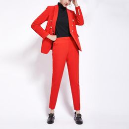 Women's Two Piece Pants Wholesale Pink Red Long Sleeve V-Neck Slimming Coat Top&amp;Pencil Trousers Profession Sexy Two-piece Suit Celeb