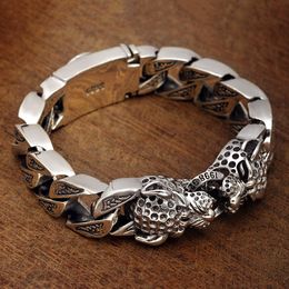 925 Sterling Silver Chain Ponytail Braided Double Leopard Head Bracelet Domineering Men's Retro Thai Silver Heavy Industry Fashion Jew