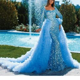 2022 Muhteşem Mermaid Balo Elbise Tatlım Uzun Kollu Ayrılabilir Tren Abiye ile Sparkly Sequins Abiye Robe de Soirée Bes121