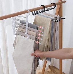 Multifunctional Magic Pants Hangers Frame Five-in-one 5 in 1 Stainless Steel Trouser Rack Five-layer Trousers Clip Closet Storage Folding Telescopic Hanger