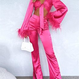 Sexy Feather Crop Tops And Split Trousers Two Piece Sets Women Fashion Flare Long Sleeve Tie Up Blouse High Waist Pants Suits 220621