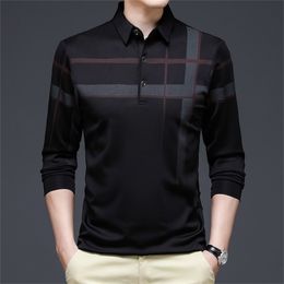 Ymwmhu Fashion Black Men Polo Shirt Long Sleeve Striped Autumn Business T-shirt Streetwear Polo Shirt Man Korean Clothing 220402