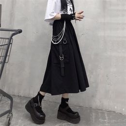 Gothic High Waist Cargo Skirts Woman Harajuku Loose Aline Pocket Midi Long Black Skirt Hip Hop Fashion Streetwear OverSize 220701