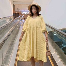 Summer Fashion Pregnant Women Loose Dress Bow Sleeve Vneck Maternity Plaid Dress Plus Size Woman Clothing Yellow Wholesale J220628