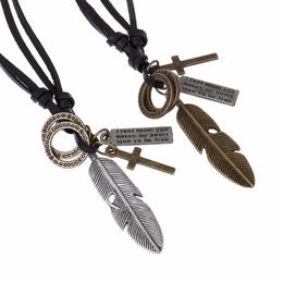 Pendant Necklaces Handmade Leather Sweater Choker Chains Vintage Bronze Ancient Alloy Hoop Feather Cross Men Necklace Women JewelryPendant