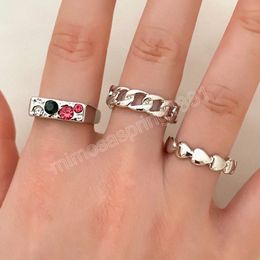 Silver Colour Retro 3PCS Rings Set for Women Love Heart Chain Red Green Crystal Finger Ring Fashion Jewellery