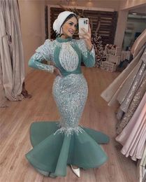 Sage Green Mermaid Arabic Prom Dresses with Long Sleeve Sparkly Crystal Lace High Neck Stain Muslim Dubai Aso Ebi Evening Engagement Gown