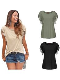 Summer Short Sleeve Tassel Fashion T-shirt Woman Simple Crew Neck Basic Tops Leisure Ladies Streetwear Solid Tees 220411