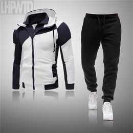 Spring and autumn men's two-piece striped sportswear men's full-sleeved top with hood outdoor sports pants track suit sui 201210