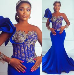 Plus Size Arabic Aso Ebi Mermaid Royal Blue Prom Dresses Beaded Crystals Lace Evening Formal Party Second Reception Birthday Engagement Bridesmaid Gowns Dress