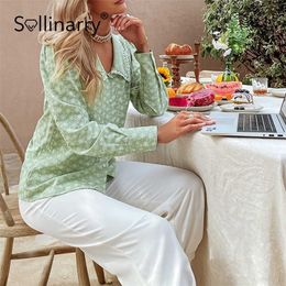 Sollinarry Autumn Office Lady Floral V-neck Shirt Women Elegant Green Ladies button Skinny Blouse Female Regular Sleeves Tops 210709