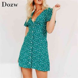 Women Dress Summer Vintage Sexy Bohemian Floral Print Party Dress Deep V Neck Mini Beach Dress Sundress Vestidos De Verano 210414