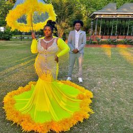empire carpeting UK - Daffodil Long Sleeve Mermaid Prom Gala Gowns 2022 Luxury Crystal Feather Black Girl Aso Ebi Evening Engagement reception dress