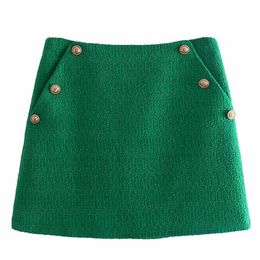 Tangada Women Green Tweed Skirts Faldas Mujer Zipper French Style Female Mini Skirt 8Y195 220317