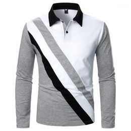 Men Three Color Stitching Striped Shirt Spring Autumn Fashion Turn Down Collar Long Sleeve Shirts Streetwear Men's Polos