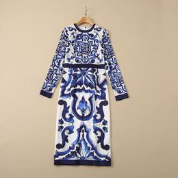 2022 Summer Fall Long Sleeve Round Neck 16MM Blue Paisley Print Natural Real Silk Mid-Calf Dress Elegant Casual Dresses 22Q242142