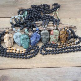 Pendant Necklaces Natural Labradorite Craved Pendants Knotted Handmade Yoga Pyrite Lava Stone Round Beads Mala Jewellery QC0142Pendant PendPen