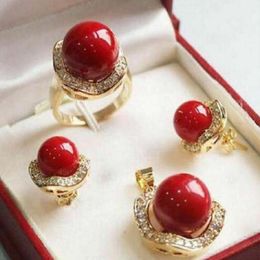 AAA 10mmColor South Sea Shell red Pearl Earring Ring Necklace Pendant Set