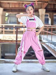 Stage Wear Girls Hip Hop Street Dance Clothes Summer Short Sleeves Tops Pink Pants Jazz Costume Kids Performance Suit BL8173Stage