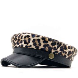 New Autumn Winter Pu Beret Hats For Women French Berets Female Leopard Print Berets Black Berets With Adjustable Rope J220722