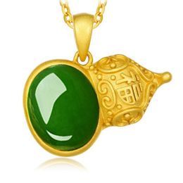 Natural jade Jasper gourd Pendant Necklace Chinese style retro unique ancient gold craft charm women's luxury jewelry sand gold necklaces