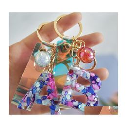 Key Rings Initial Acrylic Chains Fashion Az Letter Glitter Resin Pendant Car Keychains Strap Beads Keyring Holder Women Bag Charms D Dhgxy