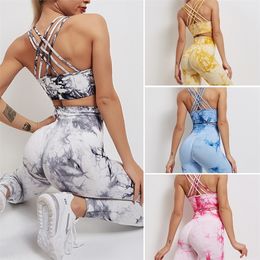 Seamless Tie-Dyed Yoga Sets Sports Fitness High Waist Hip Raise Pants Cutout Bra Suit Workout Clothes Gym Leggings Set for Women 220330