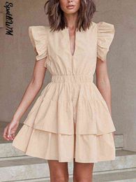 Fashion Sexy Slim Beach A Line Dresses For Women 2022 Summer Lotus Leaf Sleeve Mini Robes Casual Khaki Pure Cotton Waist Dress T220816