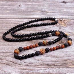 Chains Handmade Men's Black Lava Stones With Tibetan Dzi Stripe Green Carnelian Beads Long Necklace Fashion JewelryChains