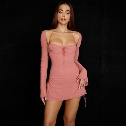 XLLAIS Wholesale Items Women Flare Long Sleeve Pink Dress Fashion Square Collar Bandage Robes Sexy Cut Out Party Club Vestidos 220615