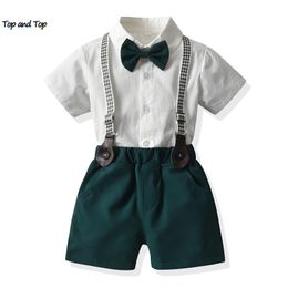 and top Fashion Toddler Kids Boys Gentleman Clothing Set Formal White Short Sleeve Shirts with BowtieOveralls Casual Suits 220615