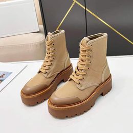 Autumn Winter Lace Up Boots Chunky Platform Boot Leather Round Head Combat Boots Luxury Designer Nylon Boots With BOX NO396