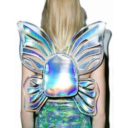 Women's Rainbow Hologram Backpacks Laser Silver Colour Holographic Mirror Shoulder Bags Shinning Party Bag Colourful Angel Wing 220510